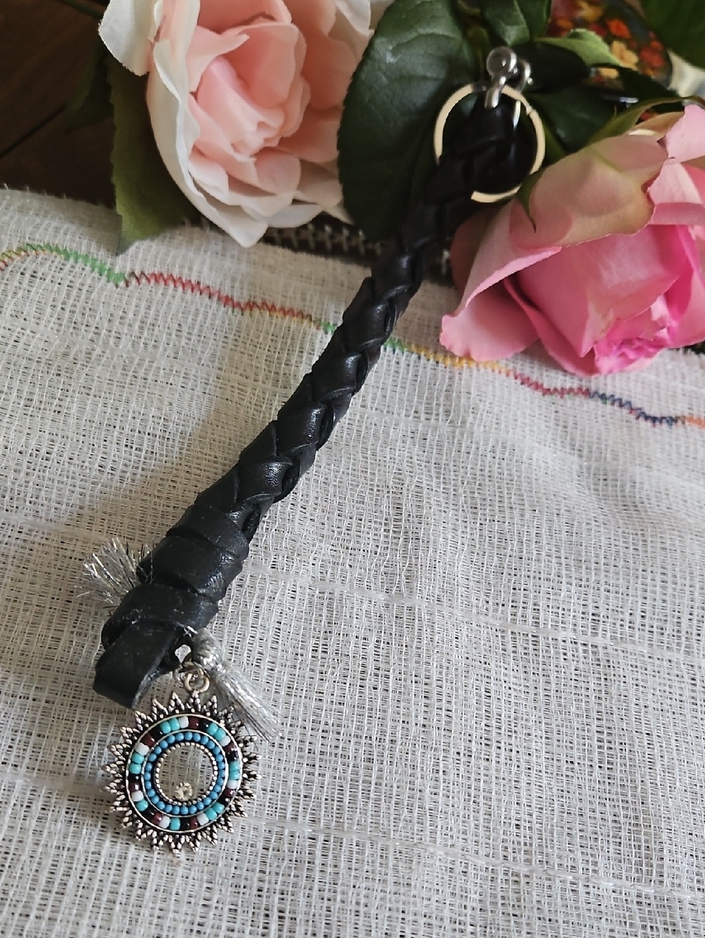 Hand Crafted Braided Genuine Black Leather KeychainTurquoise Sun Charm NEW